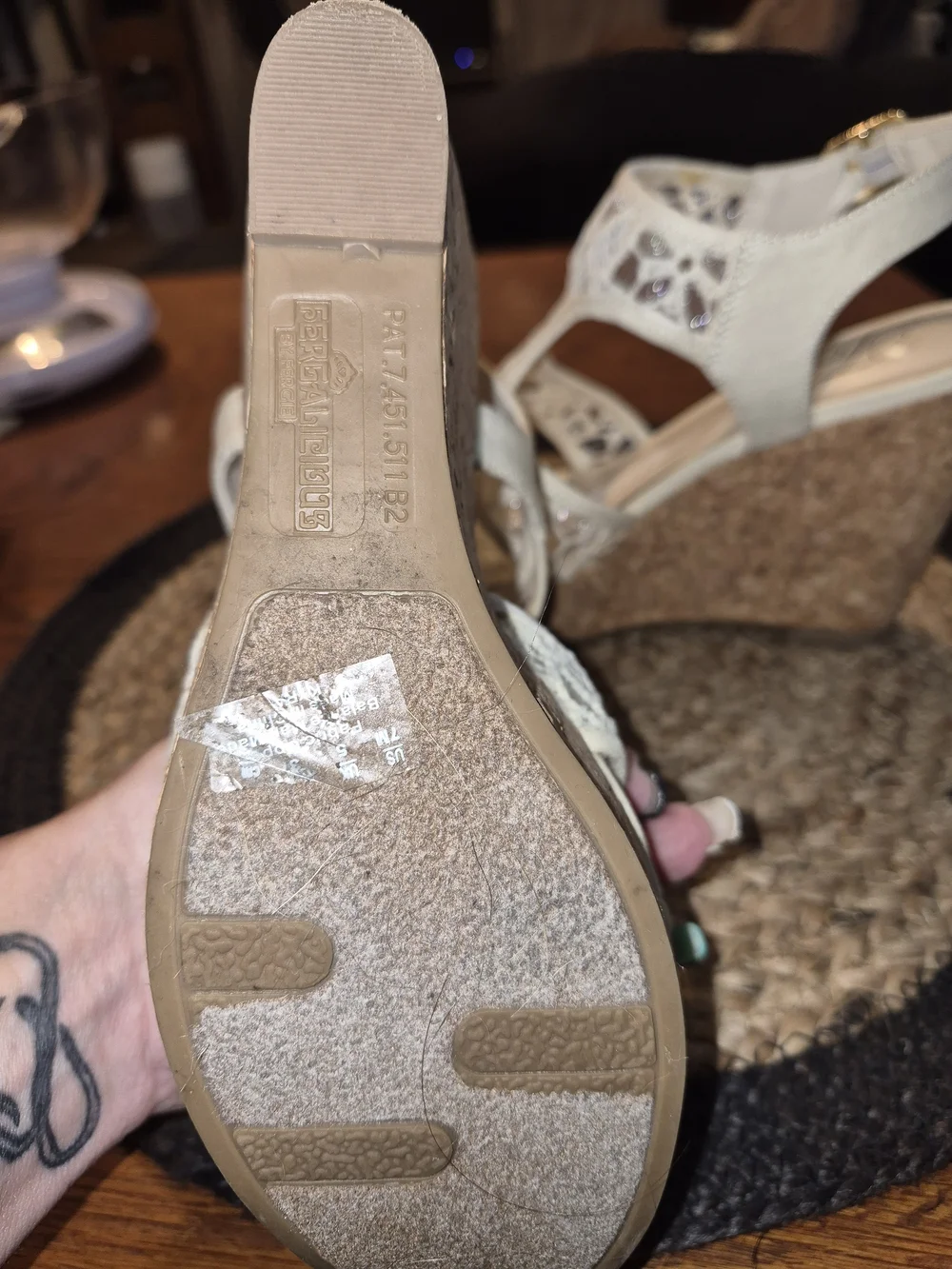 Fergie Cream Lace Cork Wedge Sandals